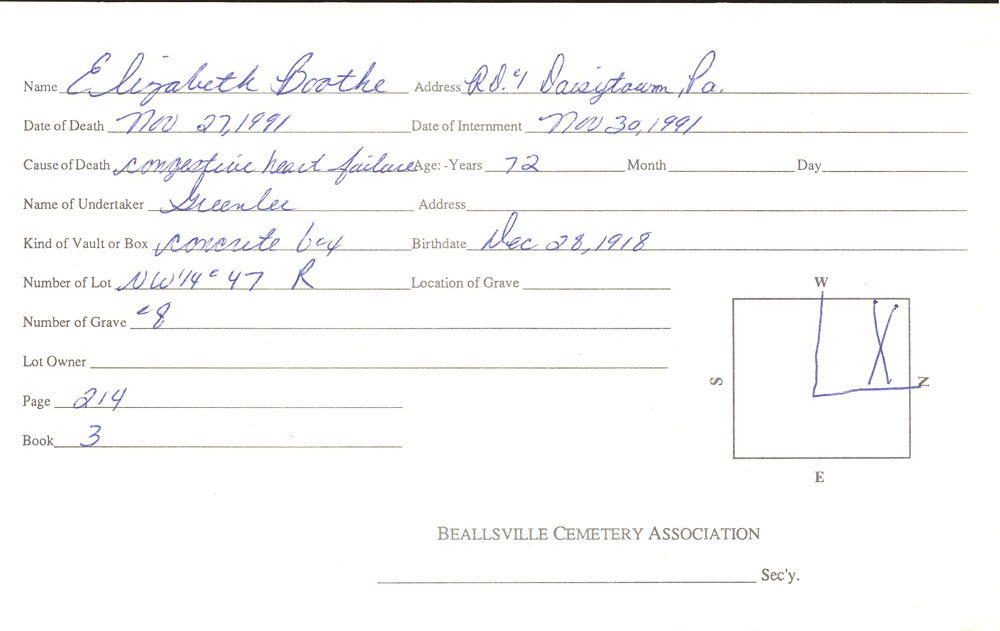 Elizabeth  Booth burial card